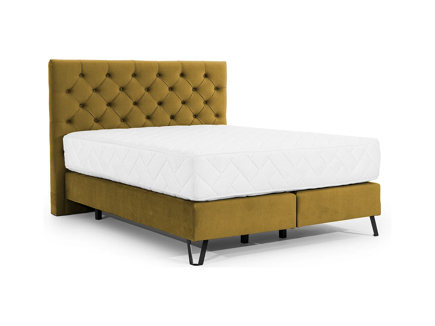 Lit continental capitonné tissu jaune moutarde Pozza avec matelas 30cm en latex et pied métal noir-140x200