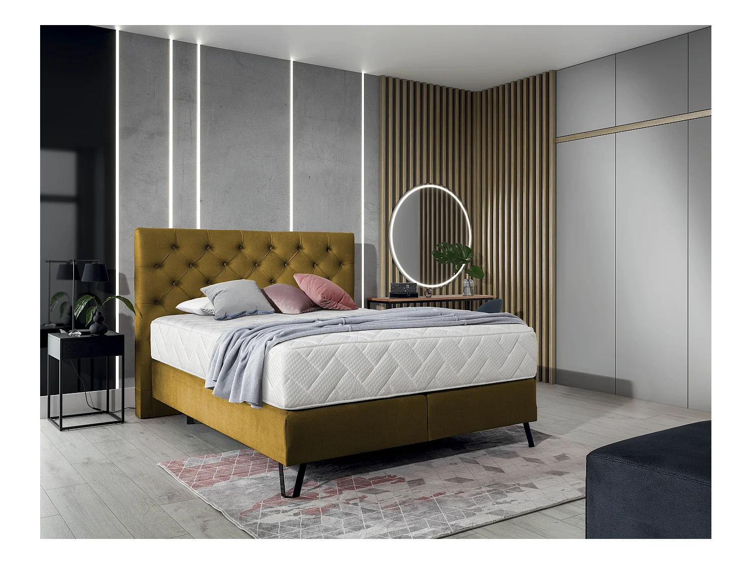 Lit continental capitonné tissu jaune moutarde Pozza avec matelas 30cm en latex et pied métal noir-140x200