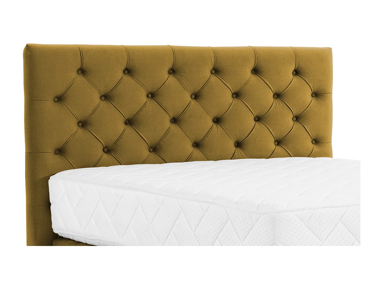 Lit continental capitonné tissu jaune moutarde Pozza avec matelas 30cm en latex et pied métal noir-140x200