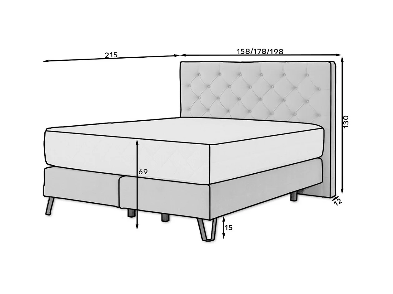 Lit continental capitonné tissu jaune moutarde Pozza avec matelas 30cm en latex et pied métal noir-140x200