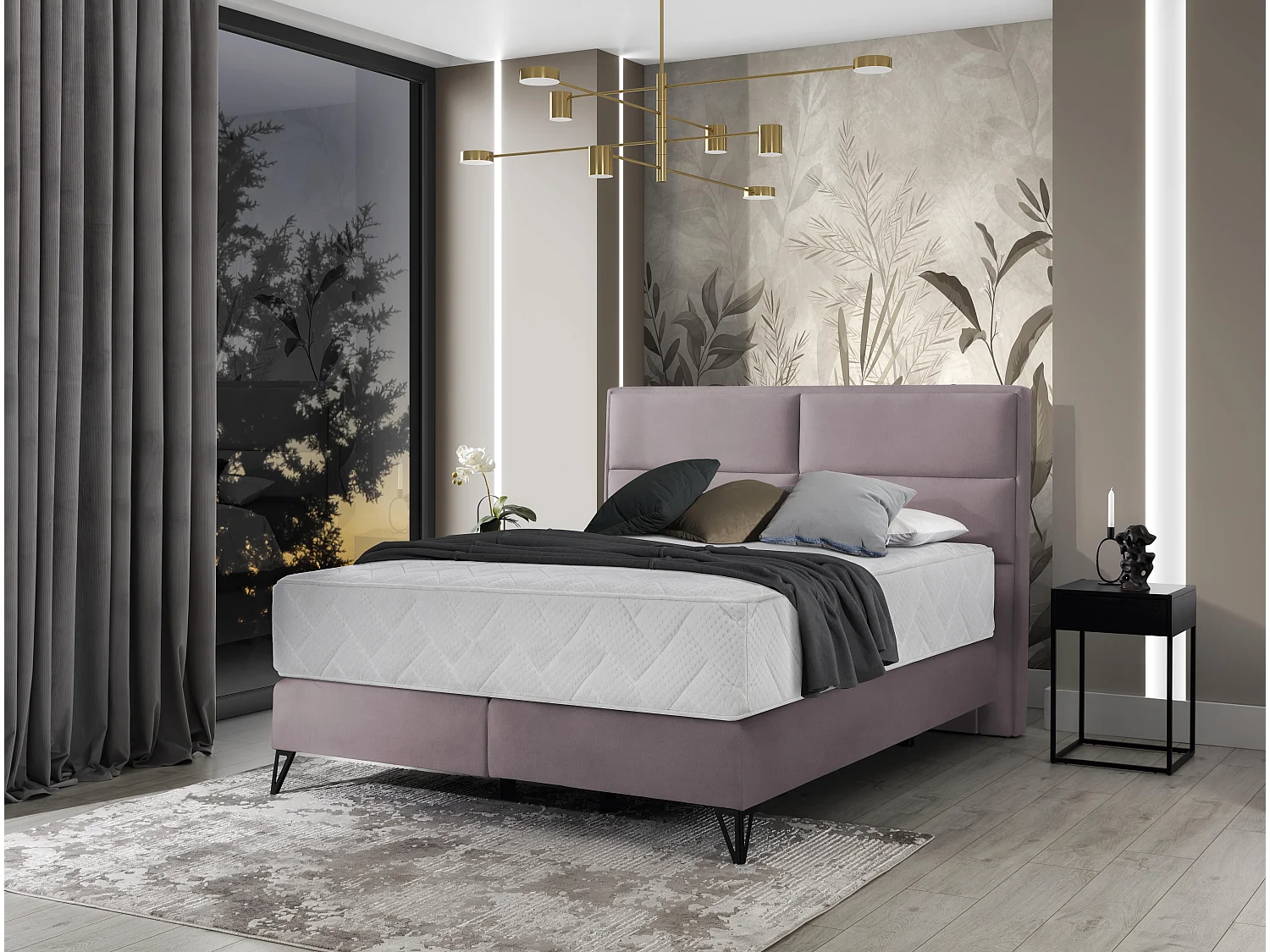 Lit continental velours rose balai Tiempo avec matelas 30cm en latex et pied métal noir-140x200