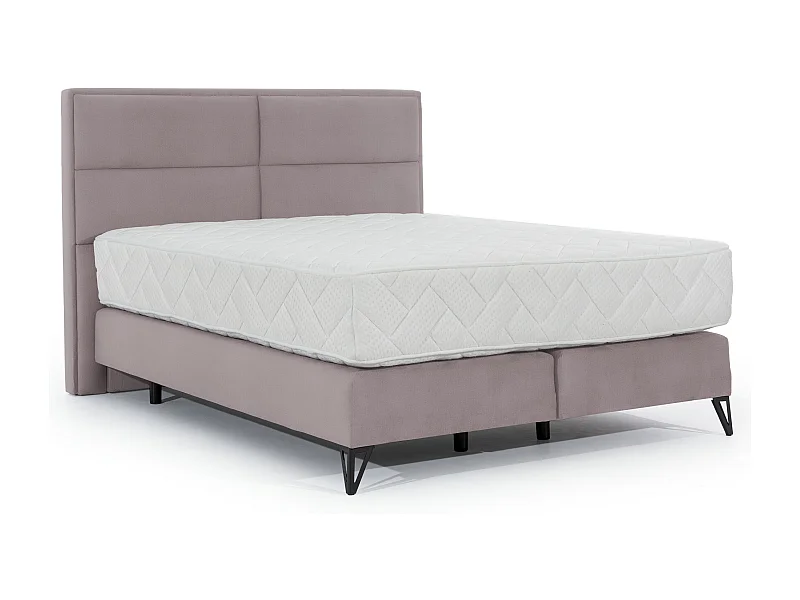 Lit continental velours rose balai Tiempo avec matelas 30cm en latex et pied métal noir-140x200