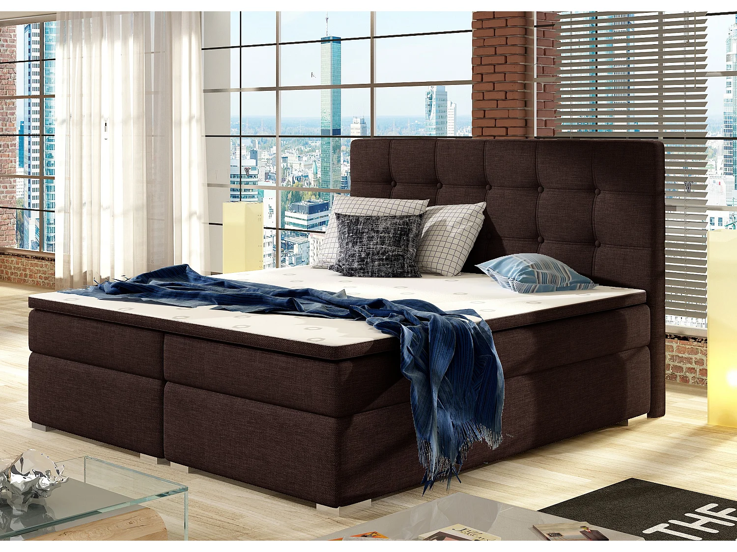 Lit boxspring tissu marron avec matelas et surmatelas Kavin-160x200