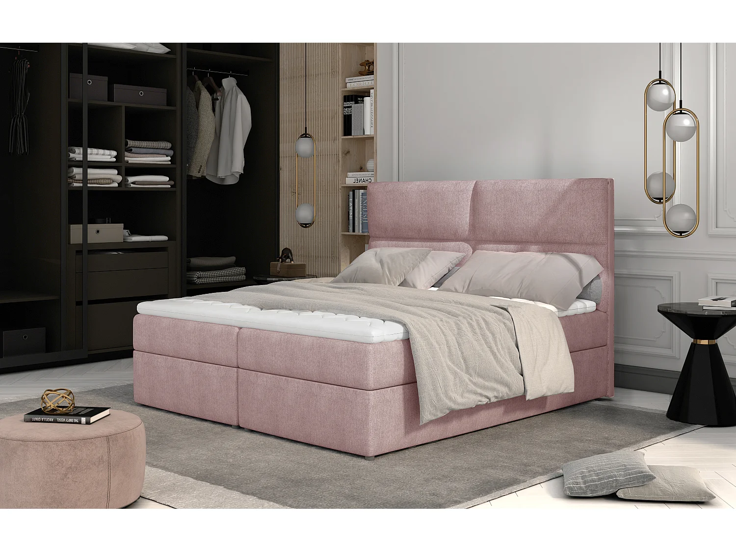 Lit continental capitonné tissu rose Weber-140x200