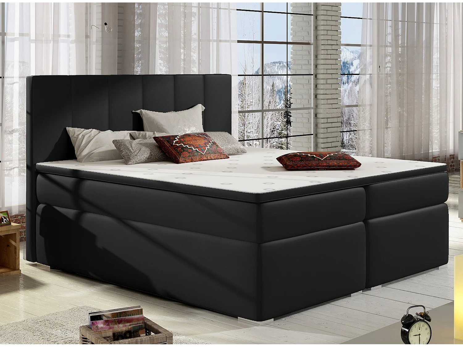 Zwart imitatieleren continentaal bed met Louna matras en topper-Slapen 140x200cm