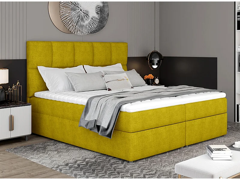 Lit boxspring tissu jaune avec matelas et surmatelas Lizen-Couchage 180x200 cm