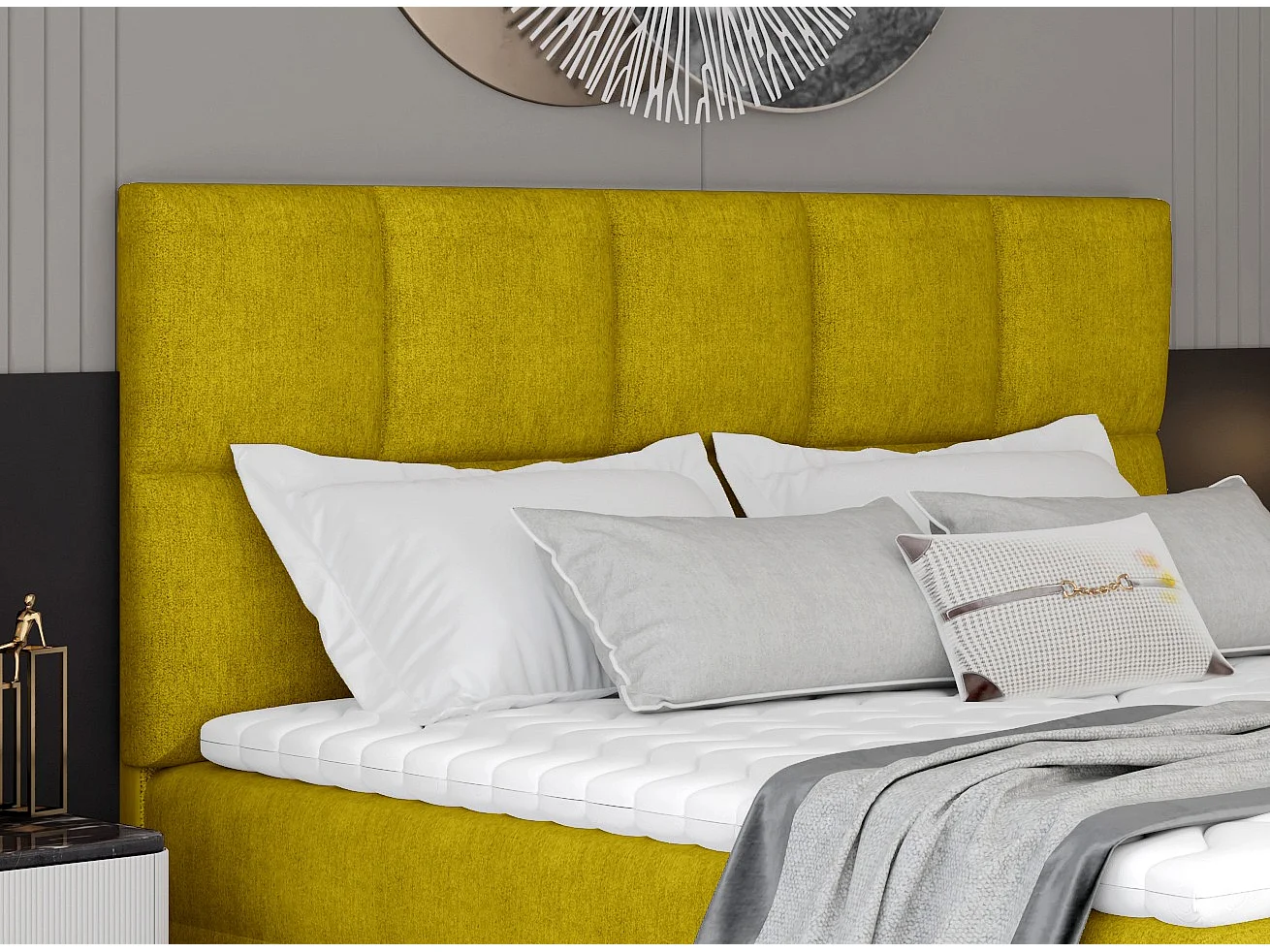 Lit boxspring tissu jaune avec matelas et surmatelas Lizen-Couchage 180x200 cm