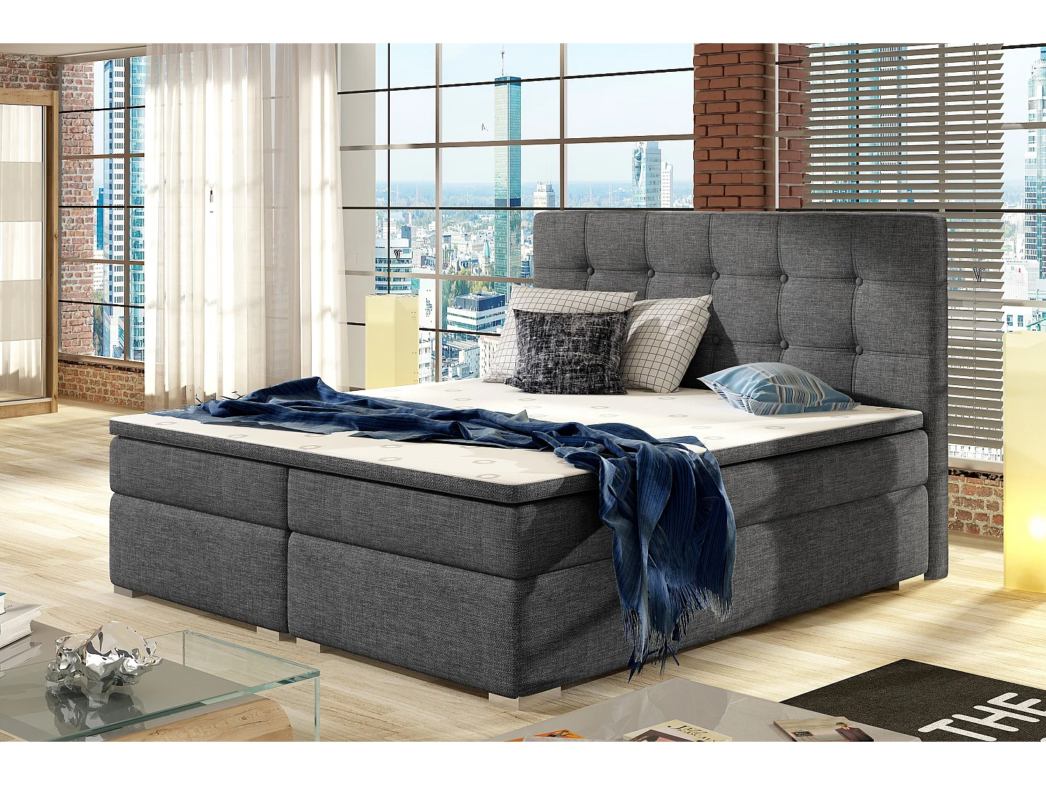 Lit boxspring tissu gris foncé avec matelas et surmatelas Kavin-180x200