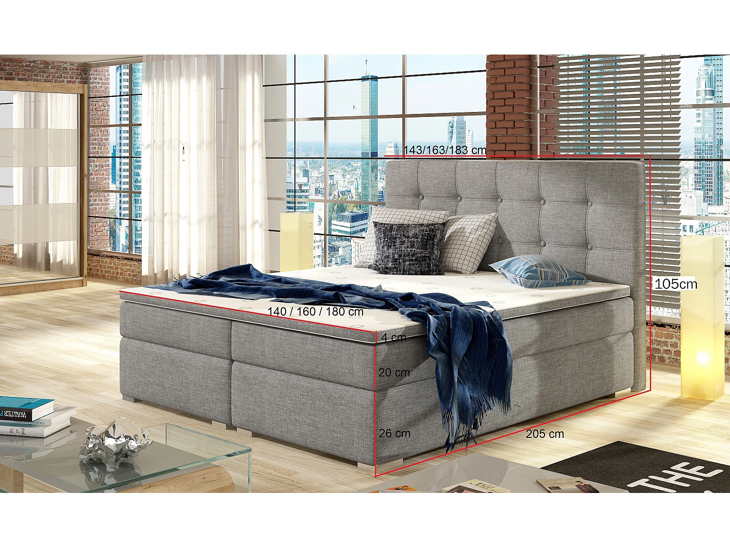 Lit boxspring tissu gris foncé avec matelas et surmatelas Kavin-180x200