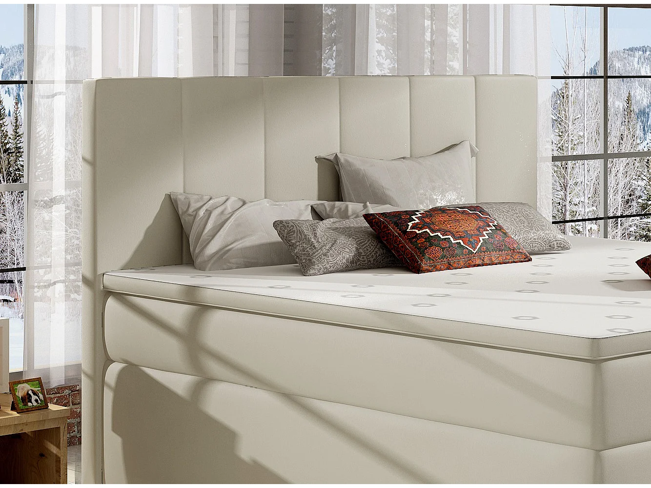 Lit continental simili cuir beige clair avec matelas et surmatelas Louna-140x200