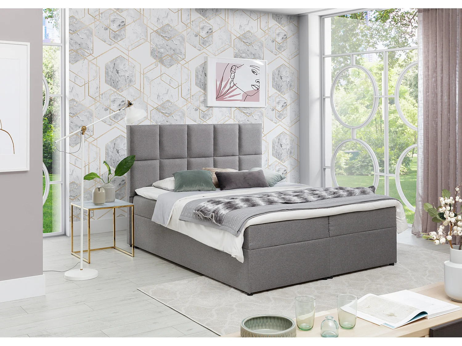 Lit boxspring simili cuir créme avec matelas et surmatelas Lizen-Couchage 140x200 cm