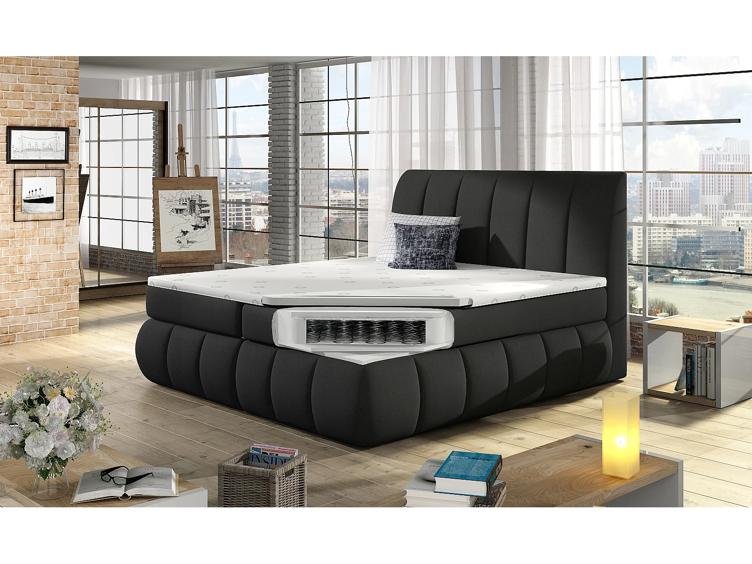 Florencia gewatteerd continentaal bed in lichtbeige stof-Slapen 180x200cm