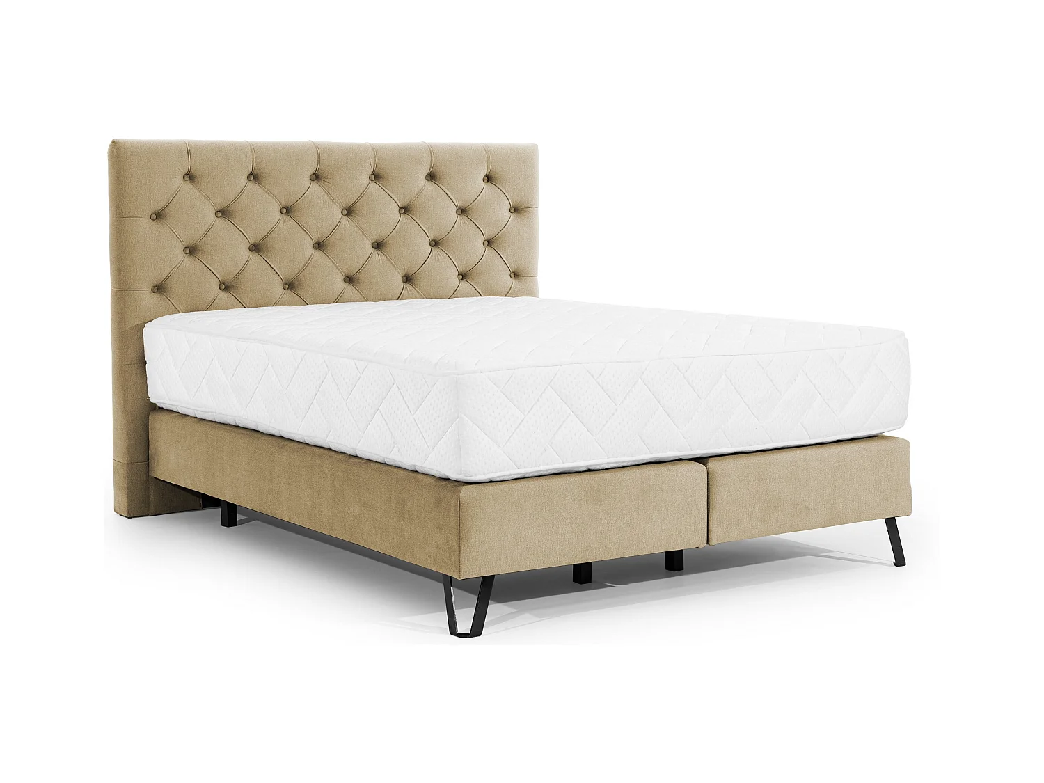 Lit continental capitonné tissu beige Pozza avec matelas 30cm en latex et pied métal noir-140x200
