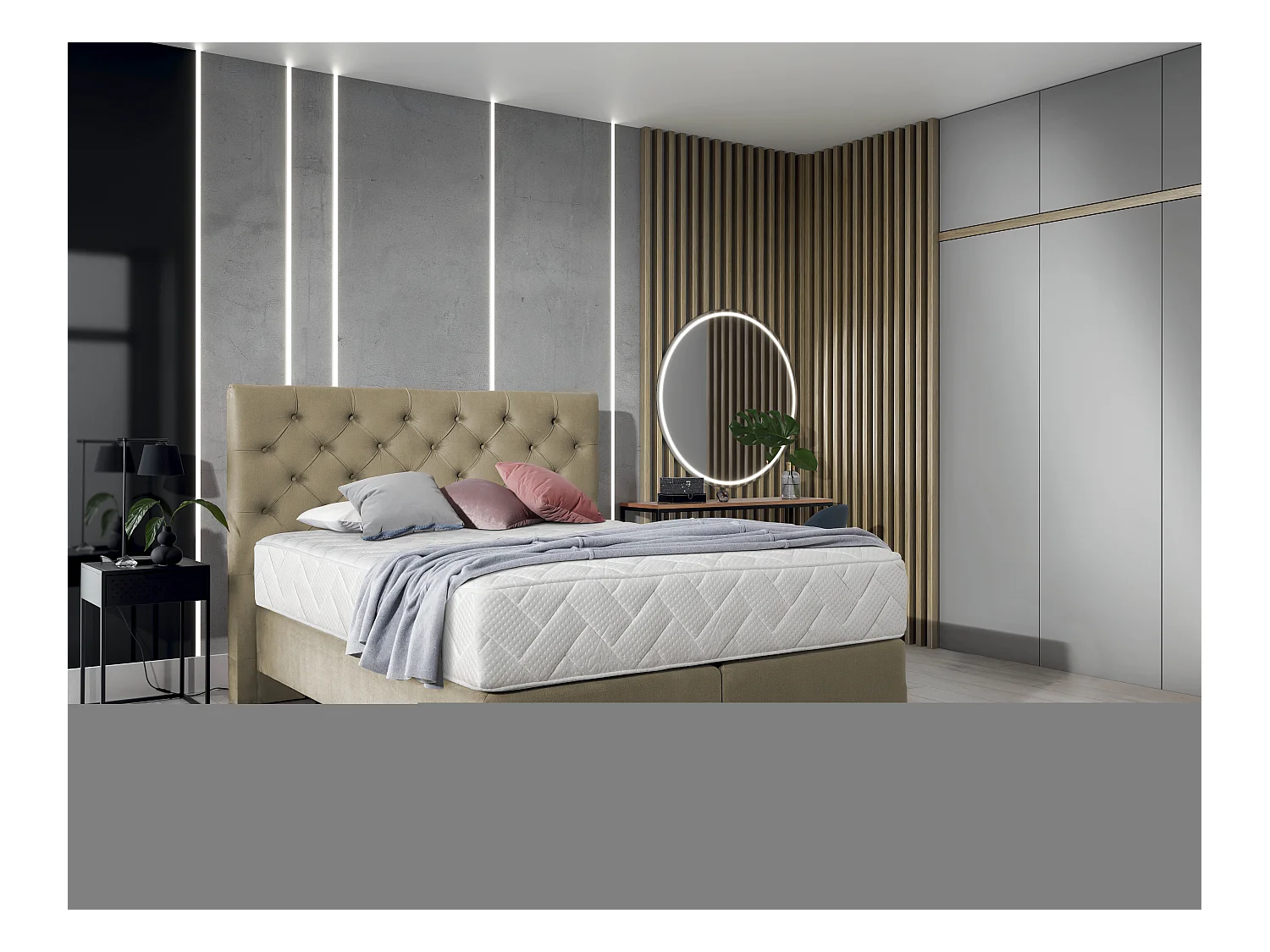 Lit continental capitonné tissu beige Pozza avec matelas 30cm en latex et pied métal noir-140x200