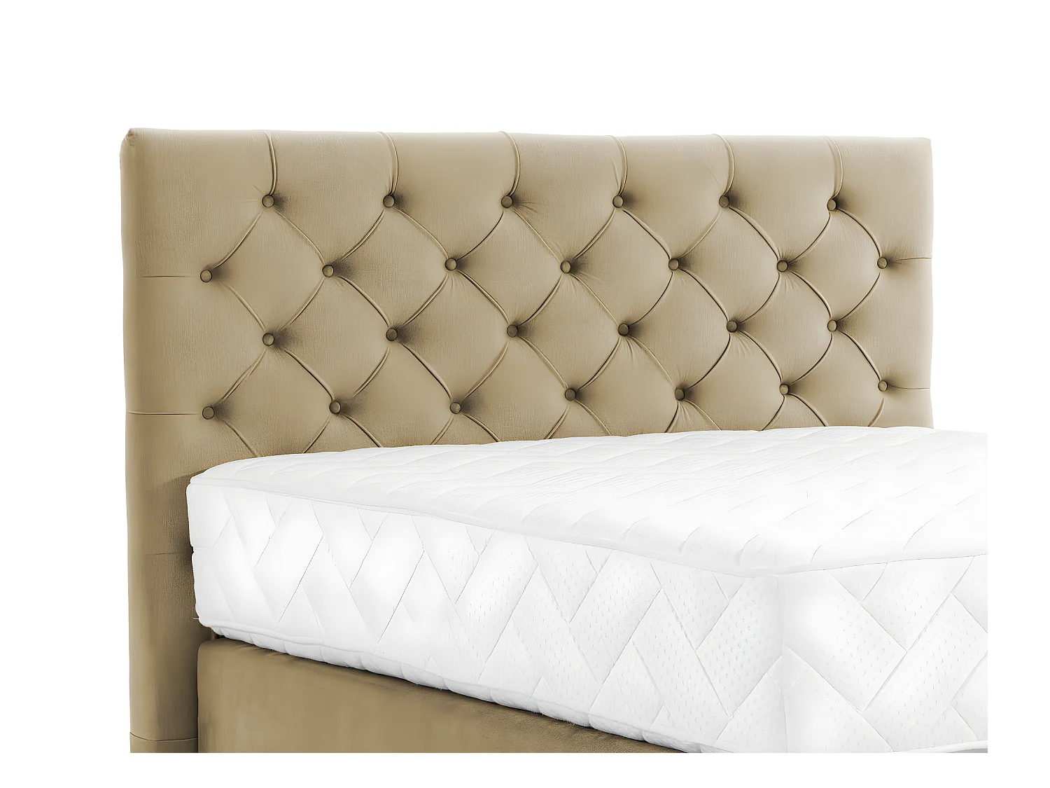 Lit continental capitonné tissu beige Pozza avec matelas 30cm en latex et pied métal noir-140x200