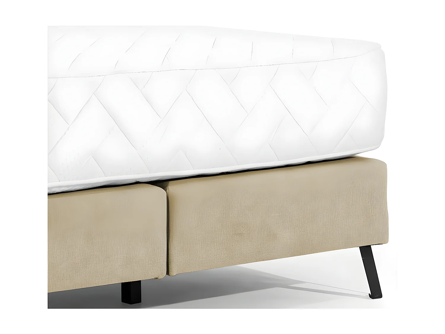 Lit continental capitonné tissu beige Pozza avec matelas 30cm en latex et pied métal noir-140x200
