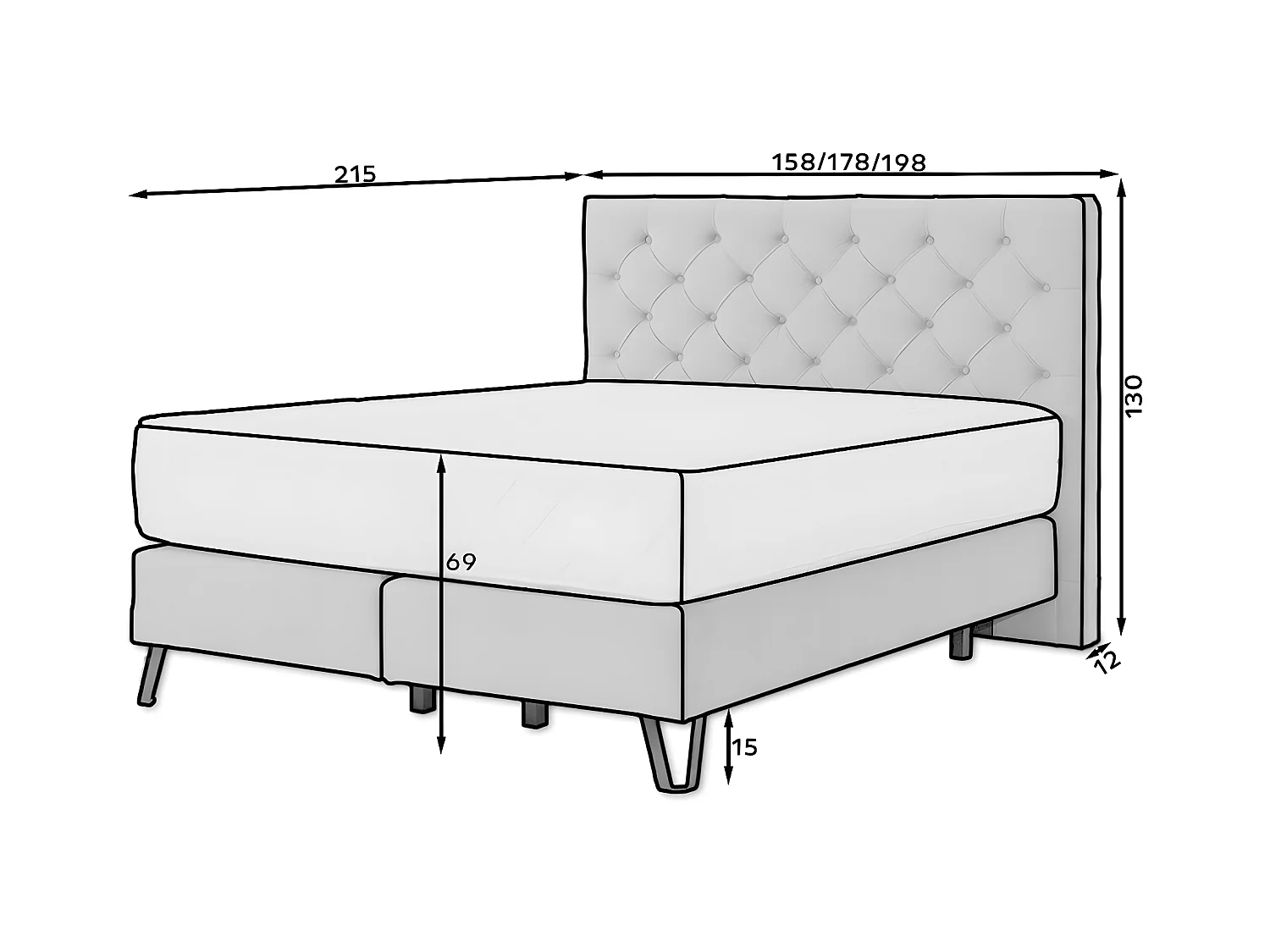 Lit continental capitonné tissu beige Pozza avec matelas 30cm en latex et pied métal noir-140x200