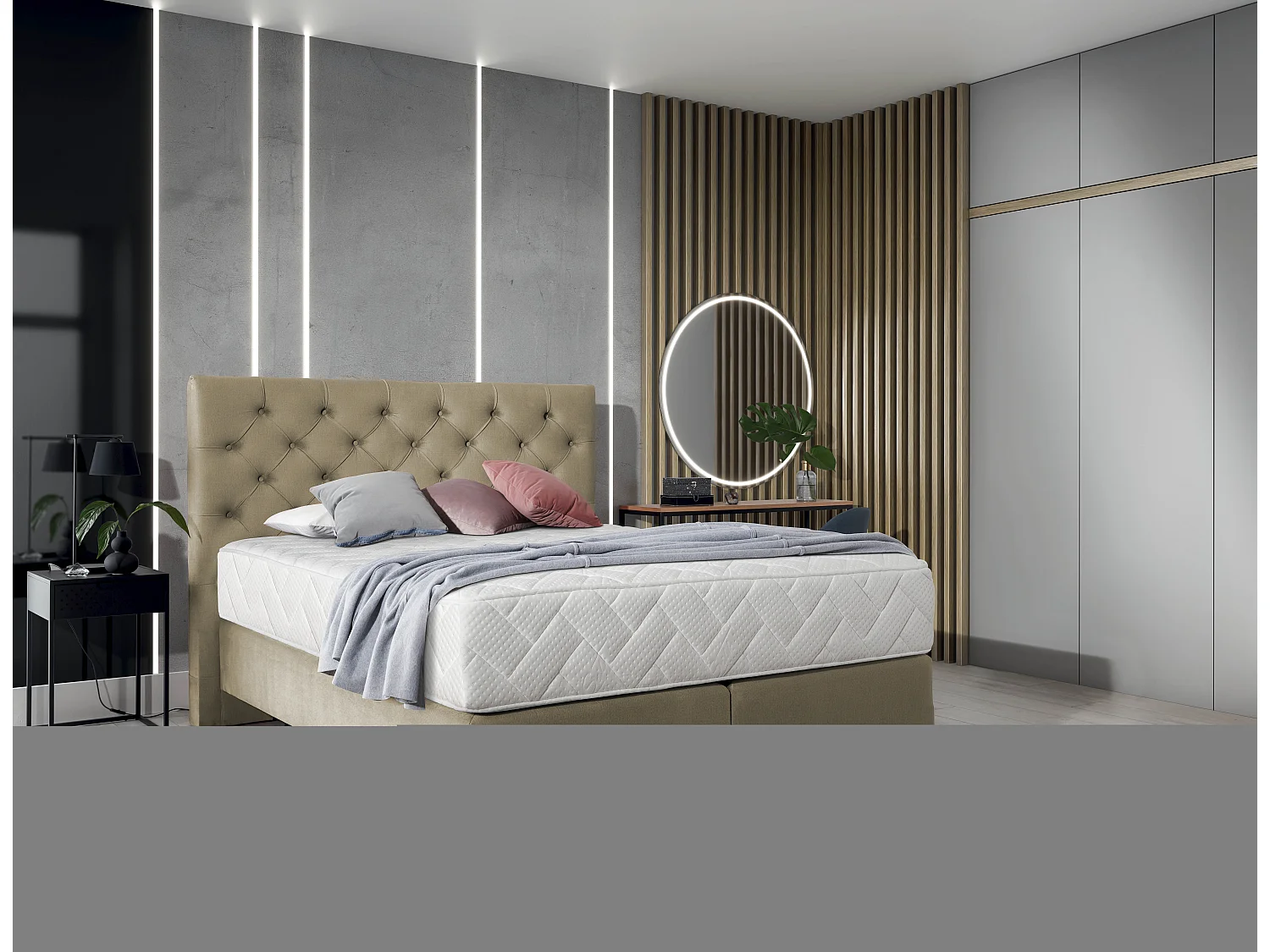 Lit continental capitonné tissu beige Pozza avec matelas 30cm en latex et pied métal noir-140x200