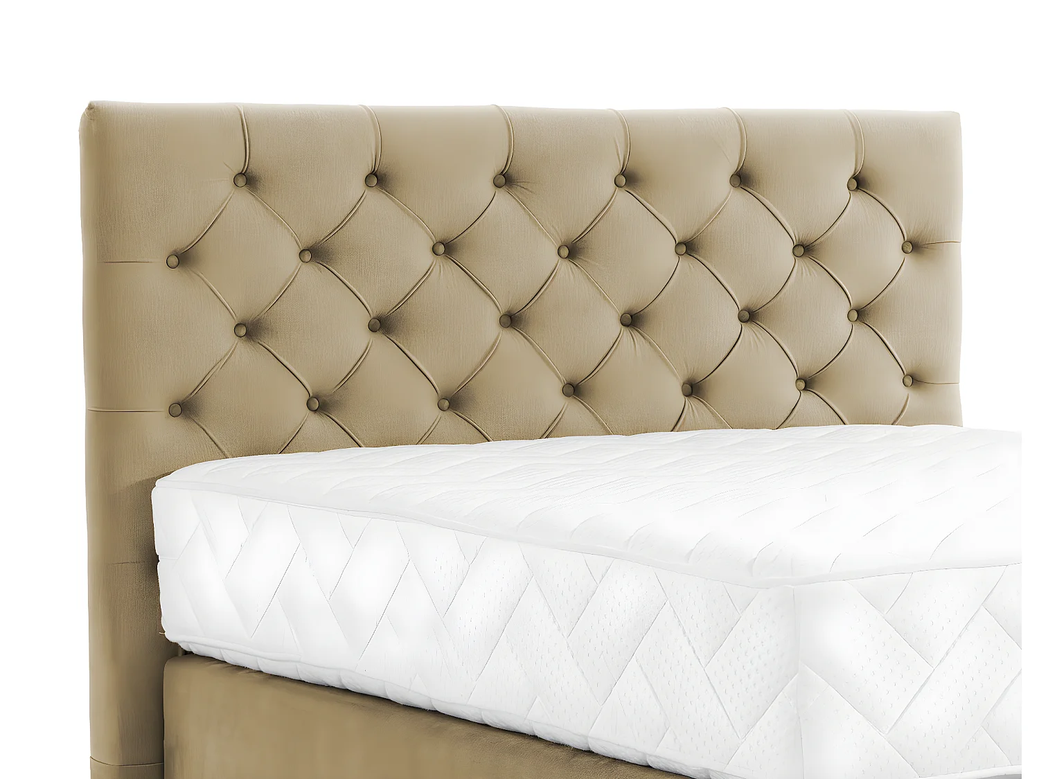 Lit continental capitonné tissu beige Pozza avec matelas 30cm en latex et pied métal noir-140x200