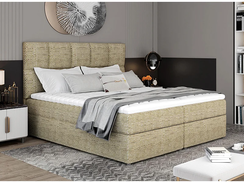 Lit boxspring tissu beige chiné avec matelas et surmatelas Lizen-Couchage 160x200 cm