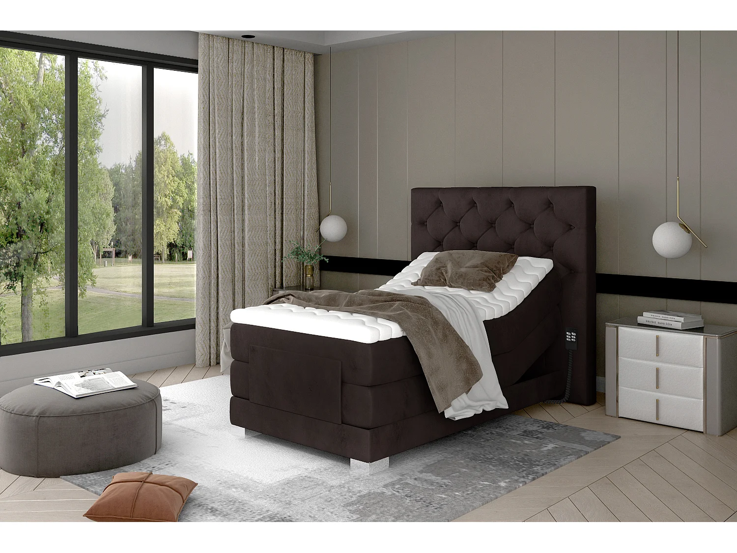 Donkerbruin fluwelen elektrisch continentaal bed met Karmen matras en topper-Slapen 180x200cm