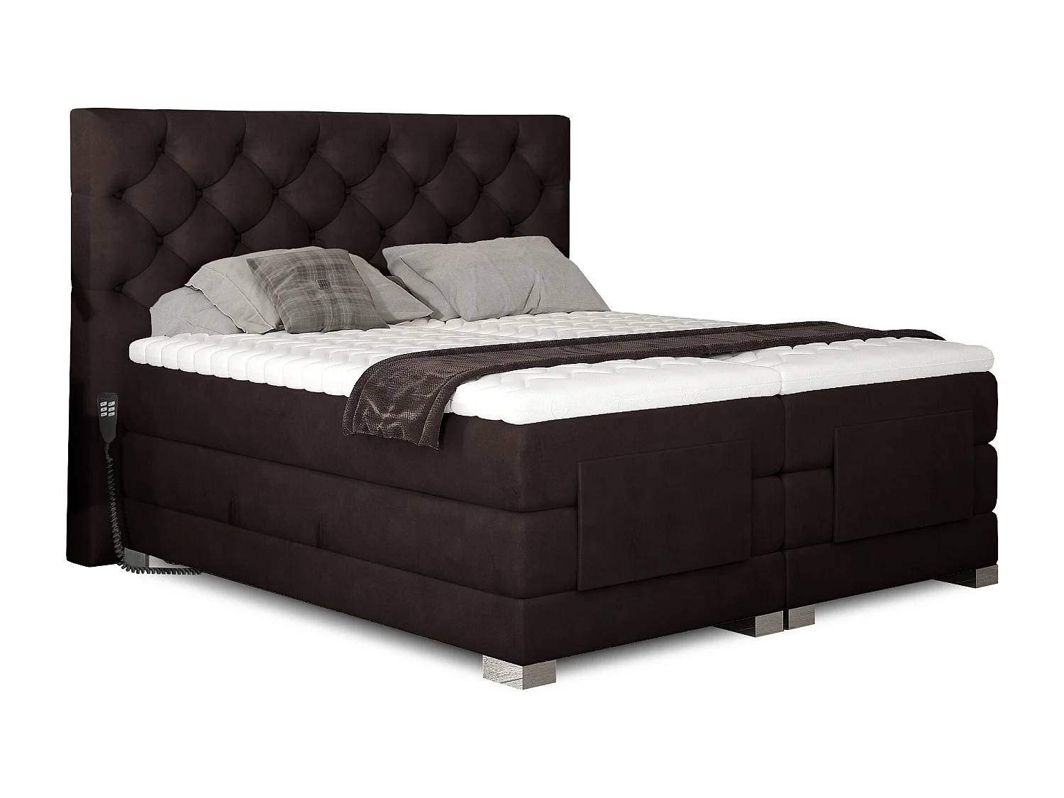Lit continental électrique velours marron foncé avec matelas et surmatelas Karmen-180x200