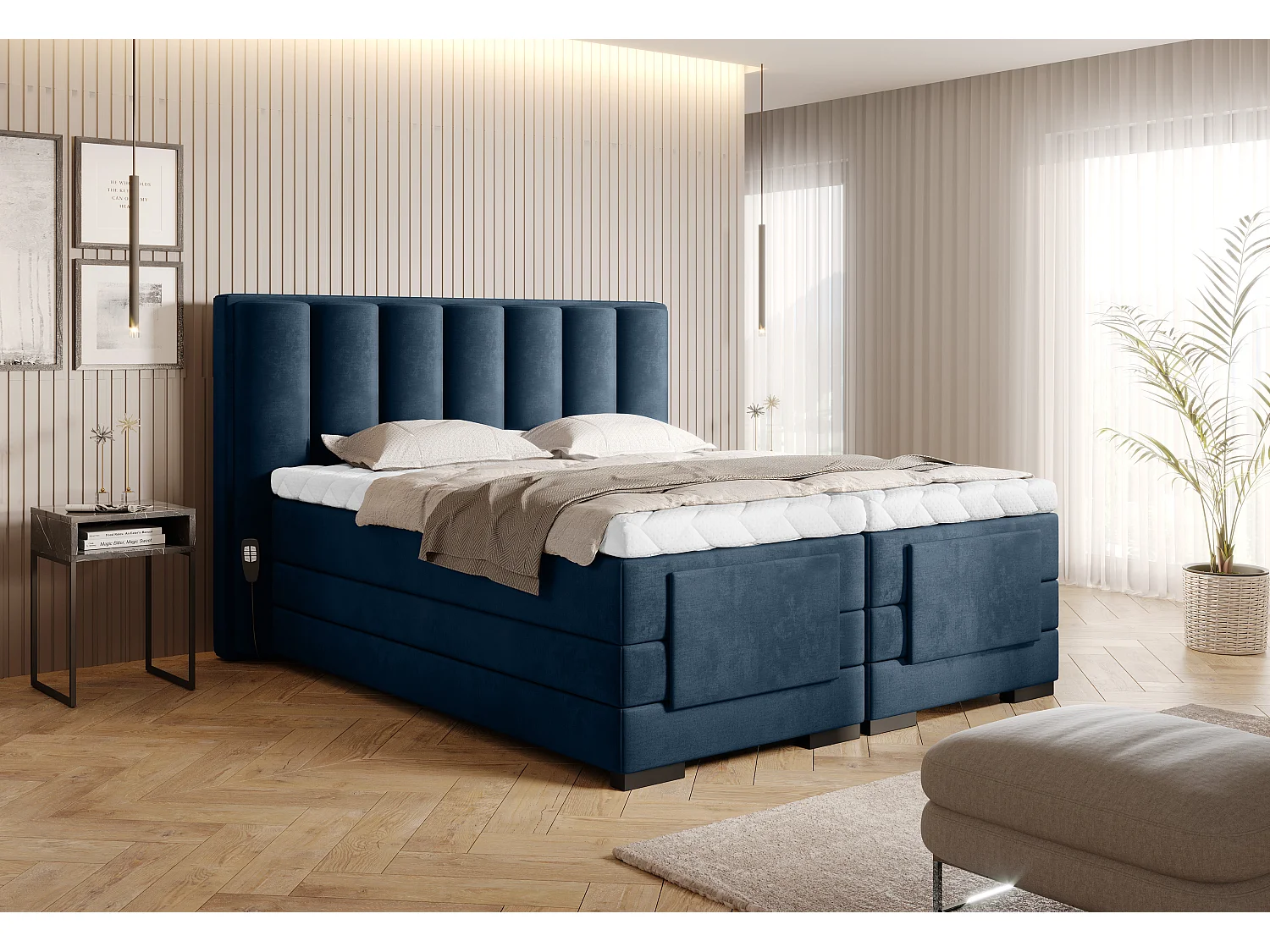 Lit boxspring électrique tissu bleu avec matelas et surmatelas Arkos-140x200