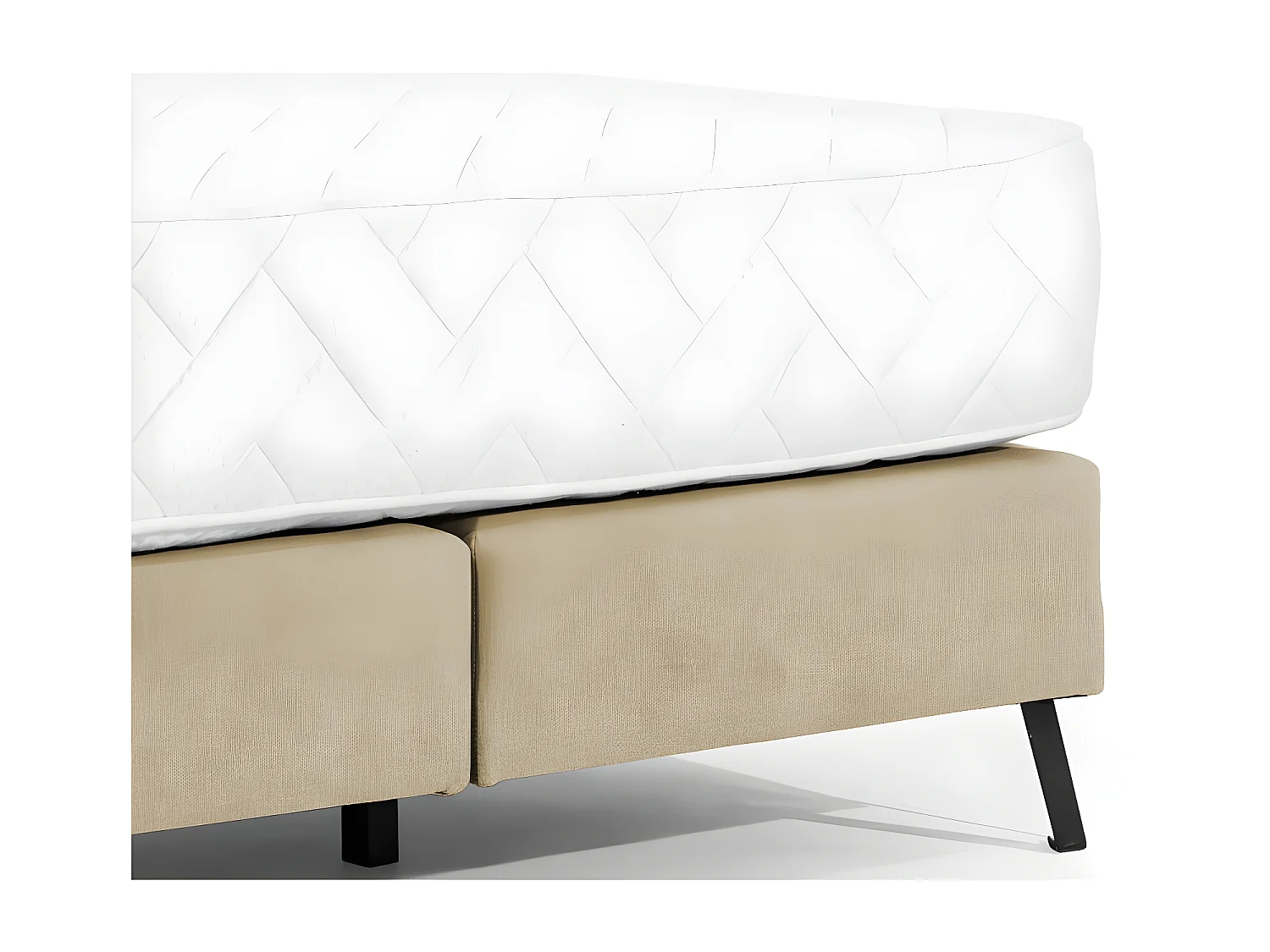 Lit continental capitonné tissu beige Pozza avec matelas 30cm en latex et pied métal noir-160x200