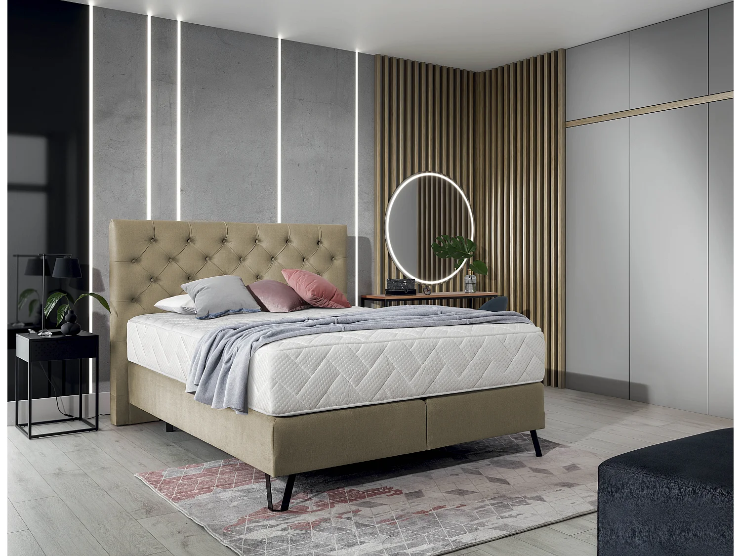 Lit continental capitonné tissu beige Pozza avec matelas 30cm en latex et pied métal noir-160x200