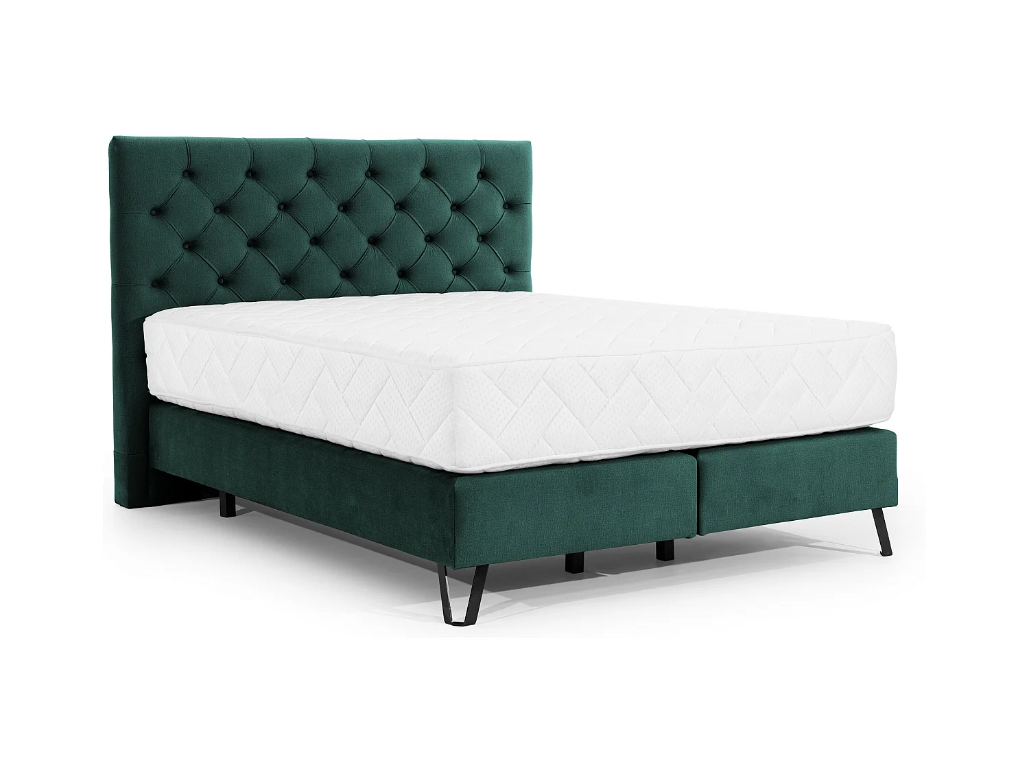 Lit continental capitonné tissu vert Pozza avec matelas 30cm en latex et pied métal noir-160x200