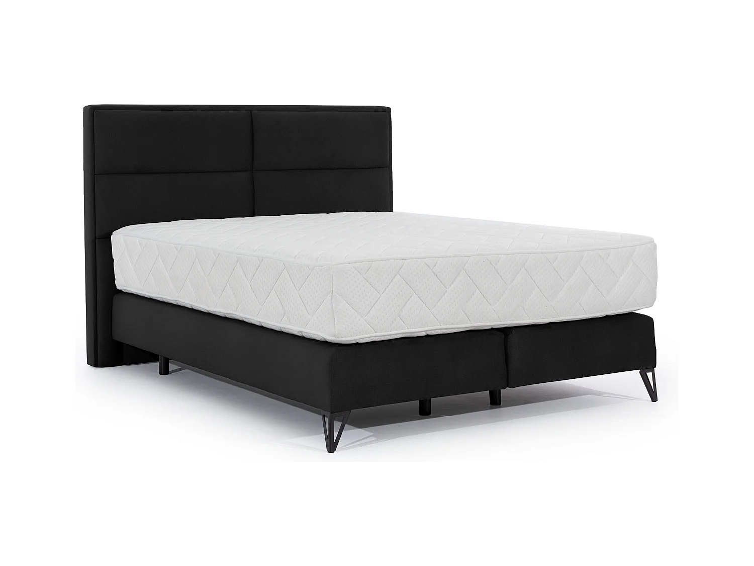 Lit continental velours noir Tiempo avec matelas 30cm en latex et pied métal noir-160x200