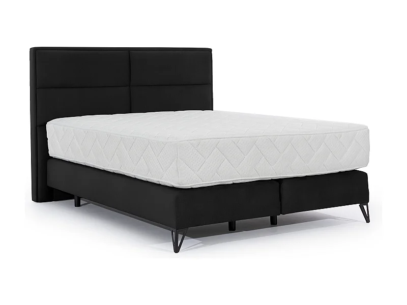 Lit continental velours noir Tiempo avec matelas 30cm en latex et pied métal noir-160x200