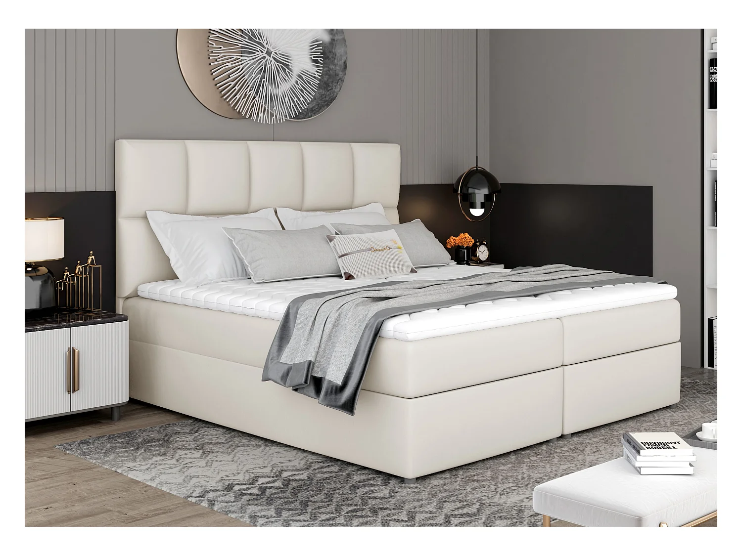 Lit boxspring simili cuir créme avec matelas et surmatelas Lizen-Couchage 180x200 cm