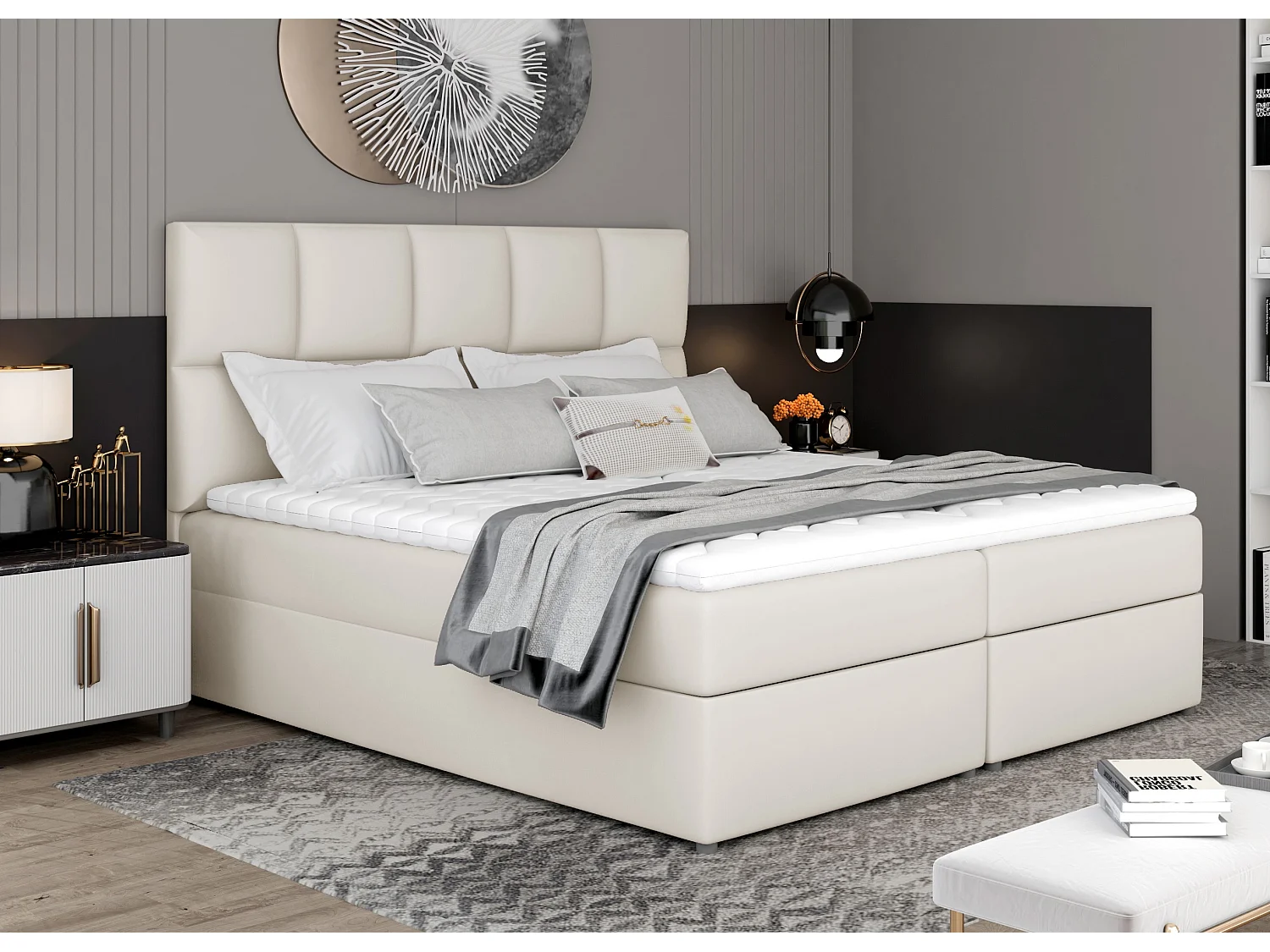 Lit boxspring simili cuir créme avec matelas et surmatelas Lizen-Couchage 180x200 cm