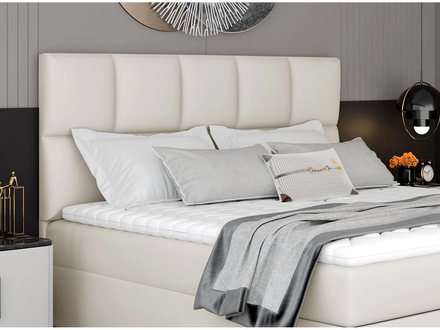 Lit boxspring simili cuir créme avec matelas et surmatelas Lizen-Couchage 180x200 cm