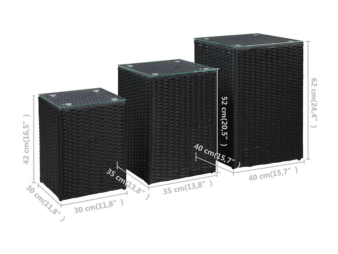 Tables d'appoint 3 pcs et dessus en verre Noir Résine tressée