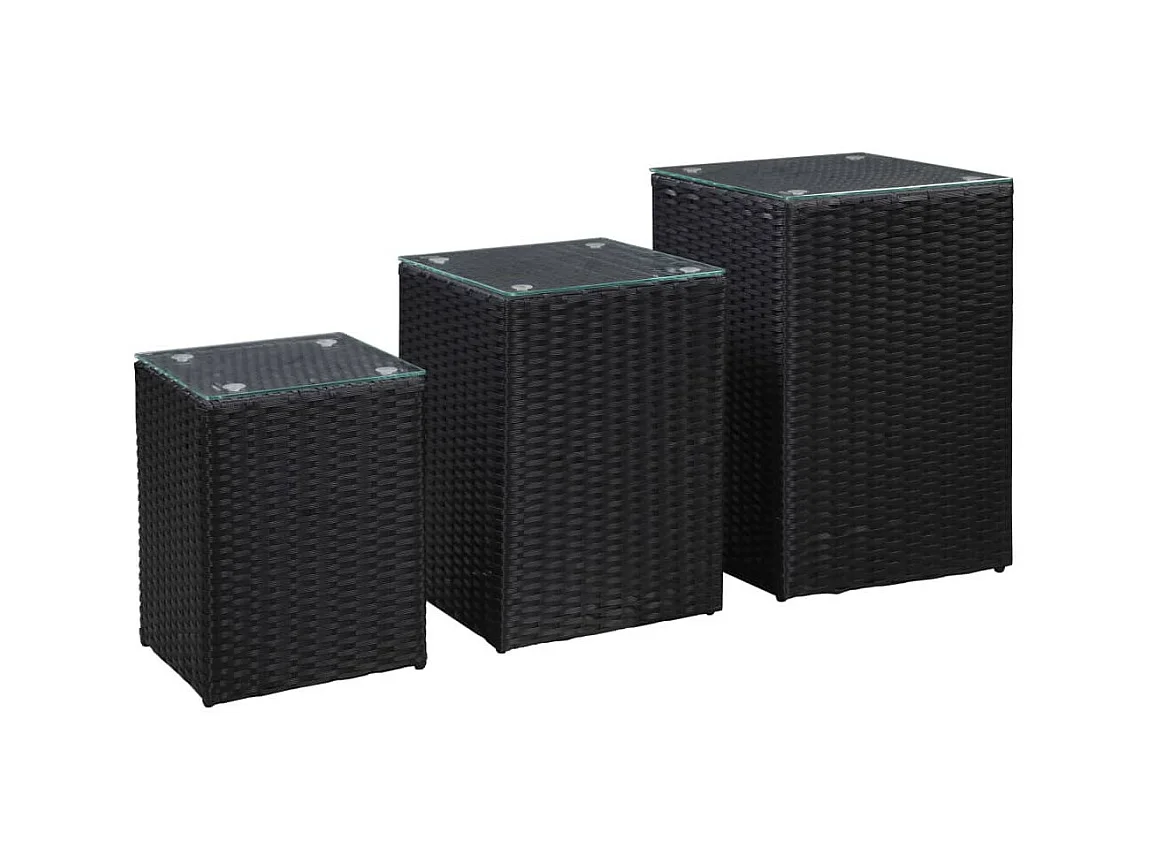 Tables d'appoint 3 pcs et dessus en verre Noir Résine tressée