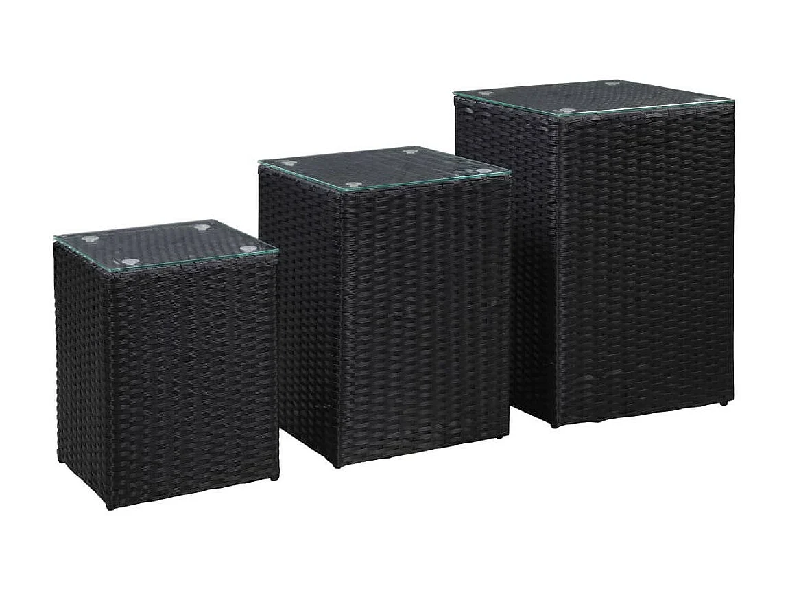 Tables d'appoint 3 pcs et dessus en verre Noir Résine tressée