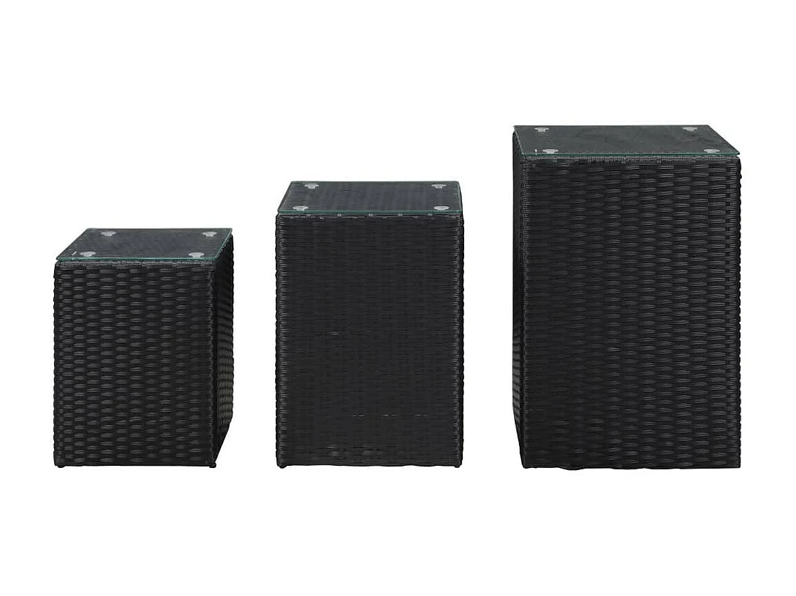 Tables d'appoint 3 pcs et dessus en verre Noir Résine tressée