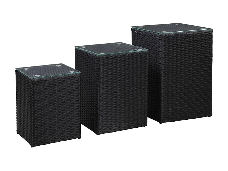 Tables d'appoint 3 pcs et dessus en verre Noir Résine tressée