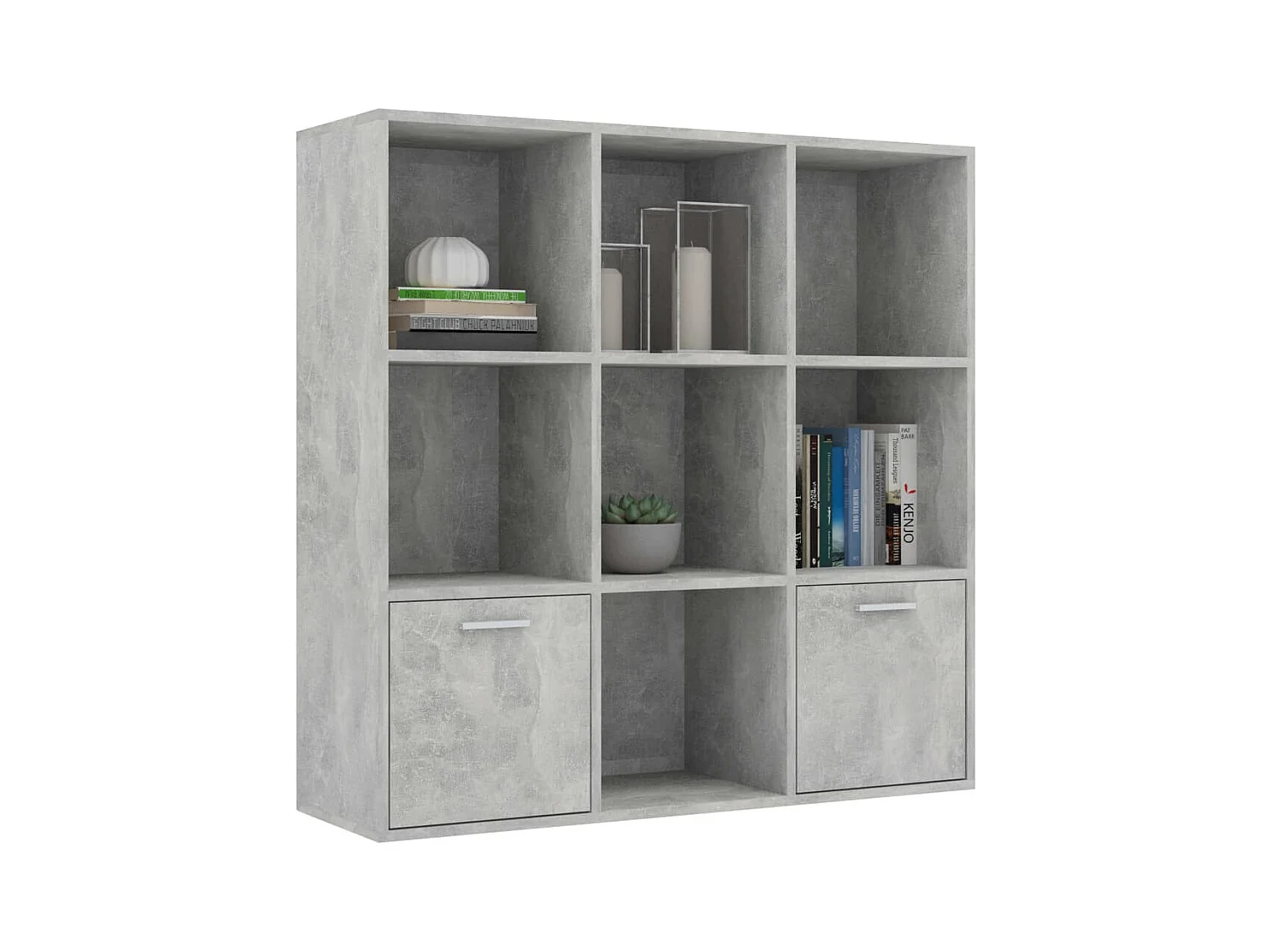 Bibliothèque étagère en bois Valika 98cm - 7 niches 2 portes-Gris béton