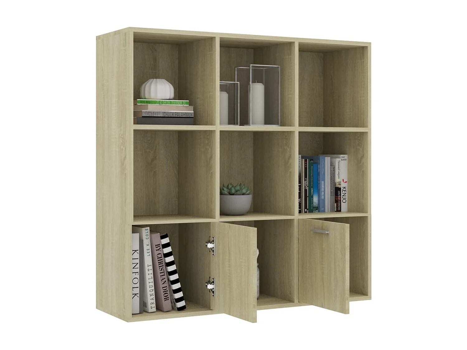 Bibliothèque étagère en bois Valika 98cm - 7 niches 2 portes-Chêne clair