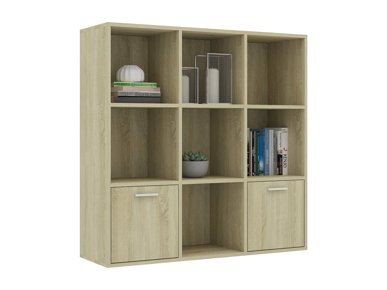 Bibliothèque étagère en bois Valika 98cm - 7 niches 2 portes-Chêne clair