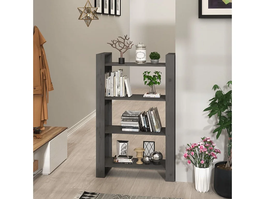 Bibliothèque-Séparateur de pièce Gris 80x35x125 Pin solide
