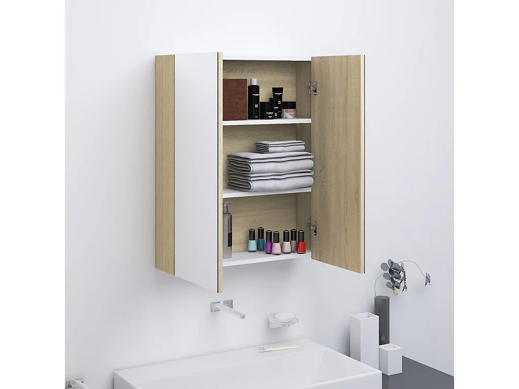 Armoire à miroir de salle de bain 60x15x75 MDF Blanc et chêne