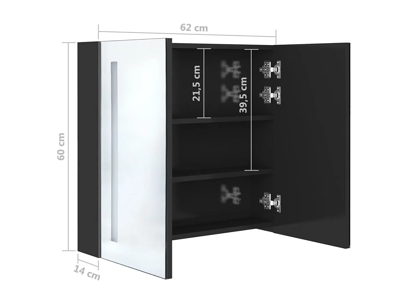 Armoire de salle de bain à miroir LED Noir brillant 62x14x60
