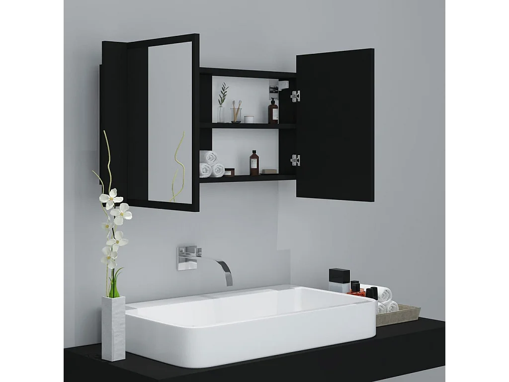 Armoire de salle de bain à miroir à LED Noir 80x12x45