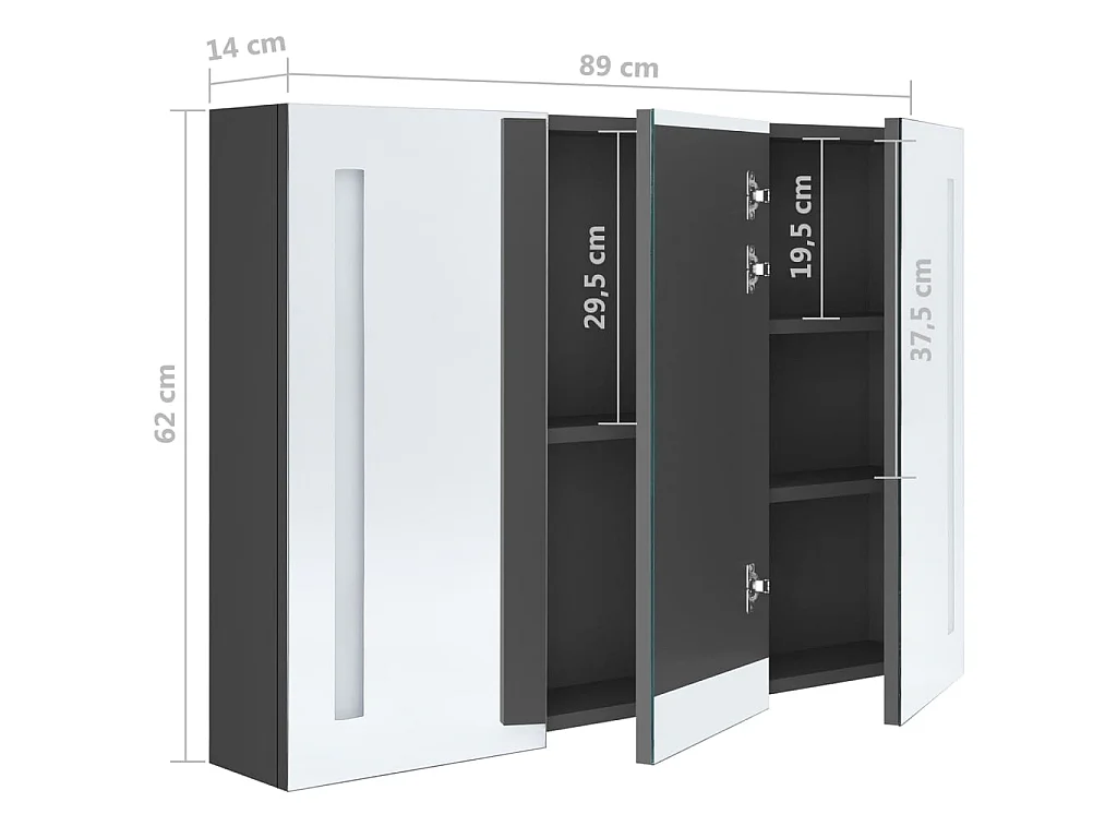 Armoire de salle de bain à miroir LED 89x14x62 Gris
