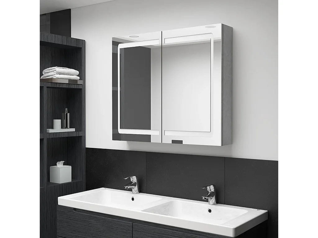 Armoire de salle de bain à miroir LED Gris béton 80x12x68