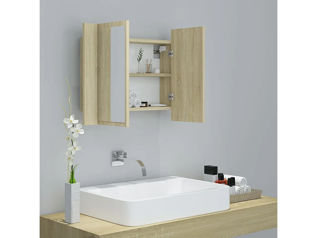 Armoire de salle de bain à miroir à LED Chêne sonoma 60x12x45